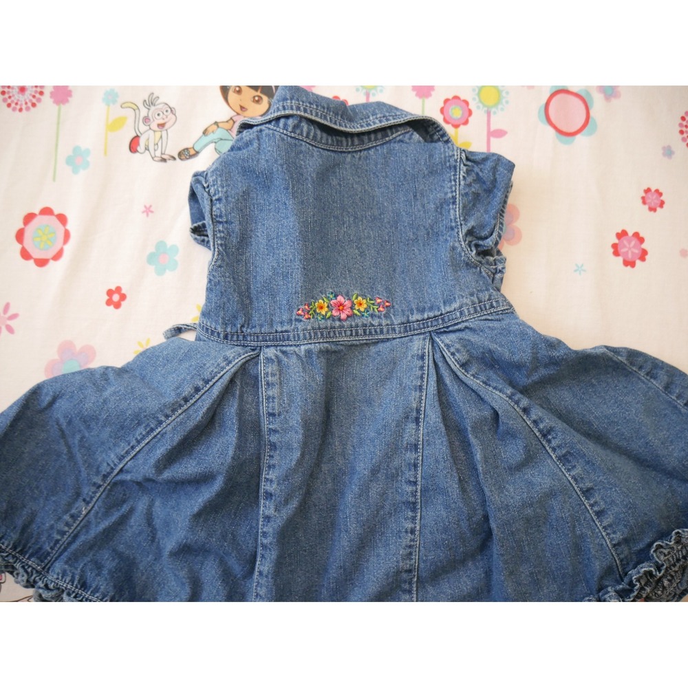 Vintage OshKosh Bgosh Girls 2T Blue Denim Floral Embroidered Ruffle Dress - Picture 7 of 7